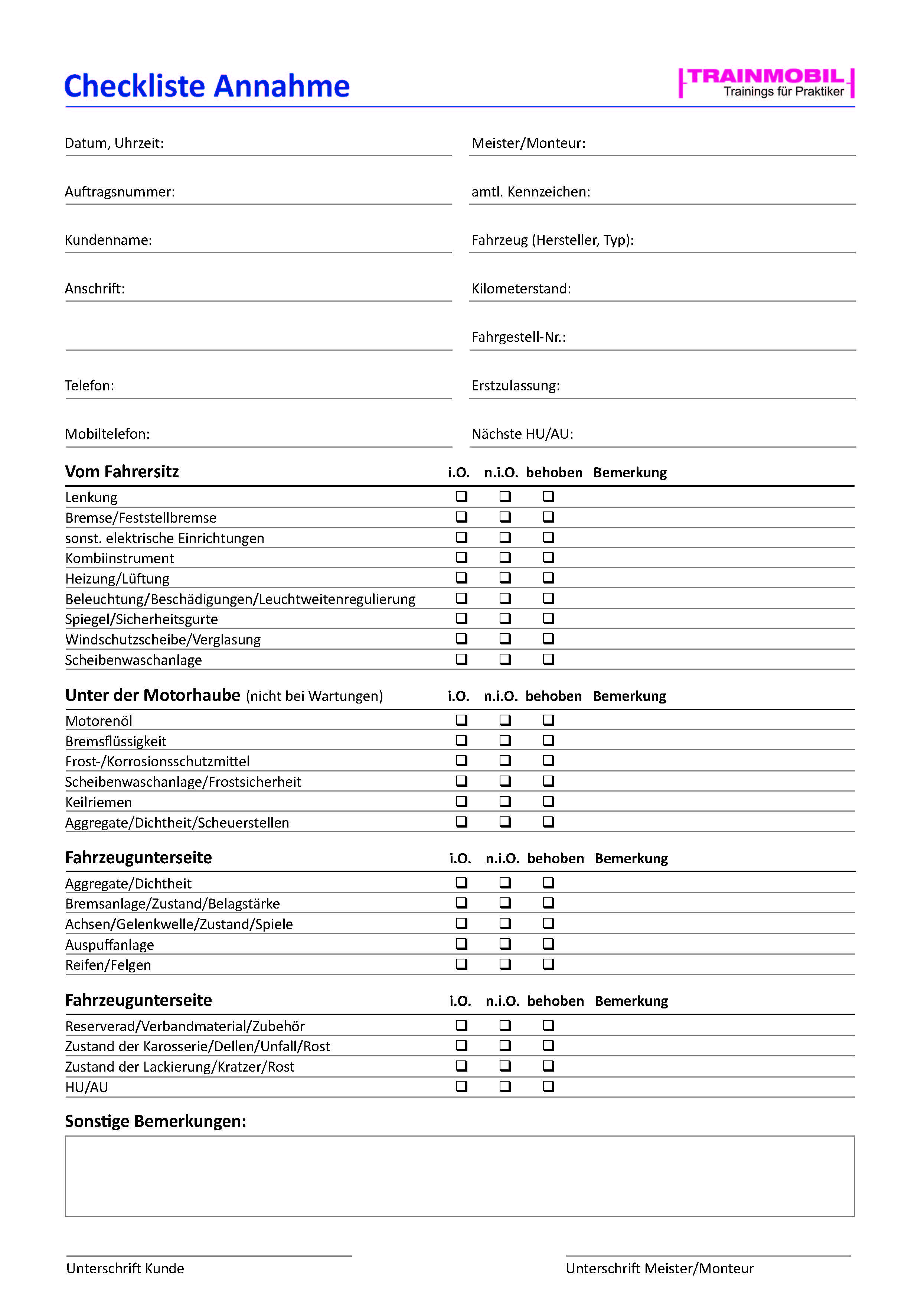 Checkliste Fahrzeugannahme Checklisten Werkstattwissen Trainmobil